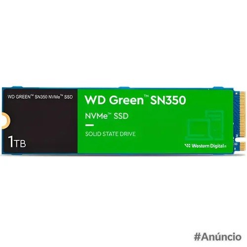 SSD Western Digital Green SN350 de 1TB com interface NVMe e formato M.2 2280 na cor azul e verde