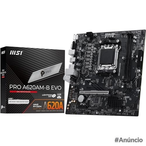 Placa-mãe MSI PRO A620AM-B EVO ao lado de sua caixa original, exibindo o design do circuito impresso e os slots de memória