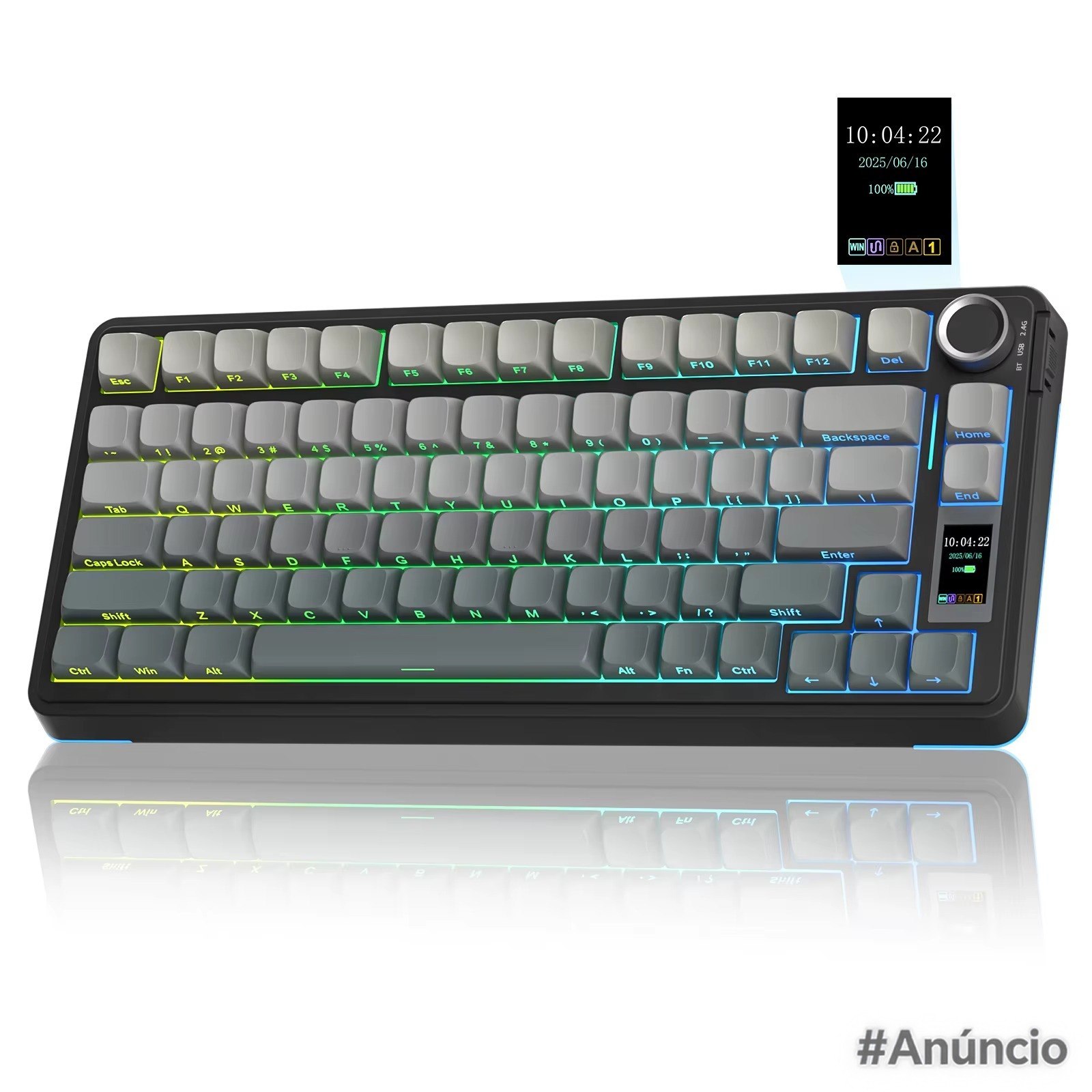 Teclado gamer mecânico AULA S75Pro 75% com iluminação RGB, tela TFT integrada, keycaps em tons de cinza e layout compacto em fundo escuro