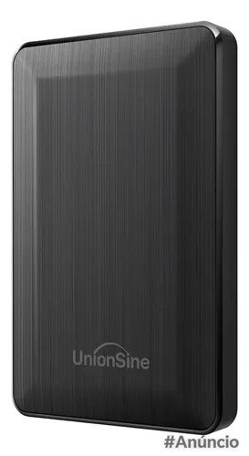 HD externo portátil UnionSine de 500GB na cor preta com acabamento texturizado e logotipo da marca na parte inferior