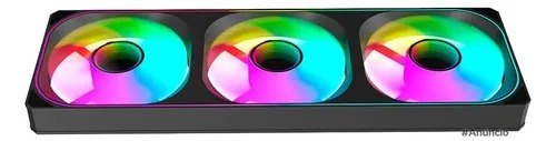 Kit de três fans Kalkan de 120mm com iluminação ARGB RGB em formato de círculo, montados em um painel preto de 360mm, mostrando as pás translúcidas e o hub central.