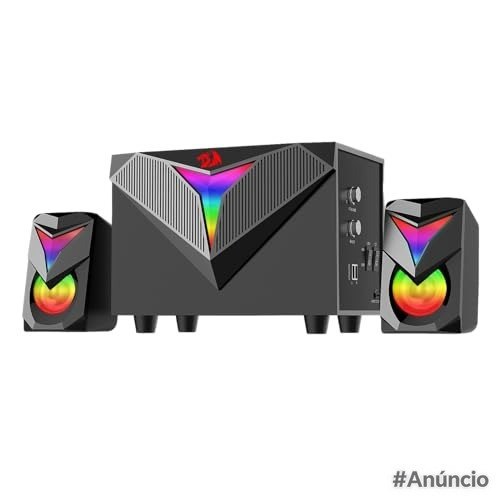 Conjunto de caixas de som e subwoofer Redragon Toccata GS700 com iluminação RGB nas partes frontais e design em preto
