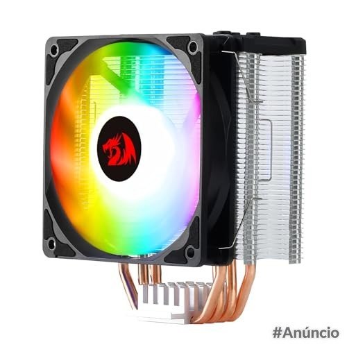 Air cooler para processador Redragon Sif 120mm com iluminação RGB, quatro heatpipes de cobre e ventoinha preta montada em dissipador de alumínio.