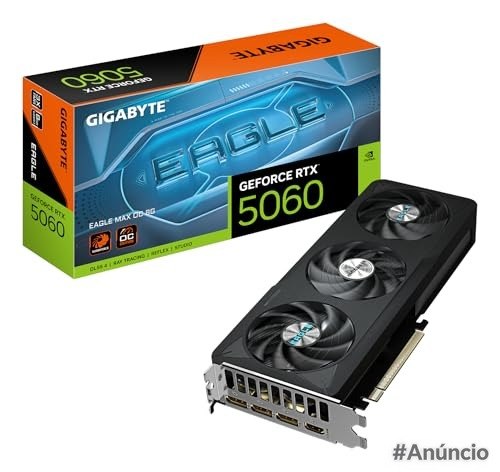 Gigabyte Placa gráfica GeForce RTX 5060 Eagle MAX OC 8G - 8 GB GDDR7, 128 bits, PCI-E 5.0, 2550 MHz Core Clock, 3X DisplayPort, 1x HDMI, NVIDIA DLSS 4, GV-N5060EAGLEMAX OC-8GD