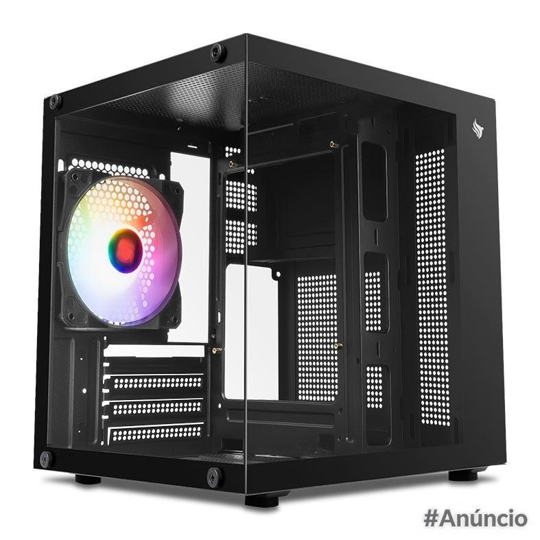 Gabinete gamer Pichau Atom formato Mini-Tower na cor preta com lateral de vidro e um fan RGB instalado