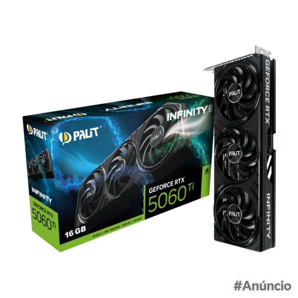 Placa de vídeo Palit NVIDIA GeForce RTX 5060 Ti Infinity com 16GB GDDR7 exibida ao lado de sua caixa original