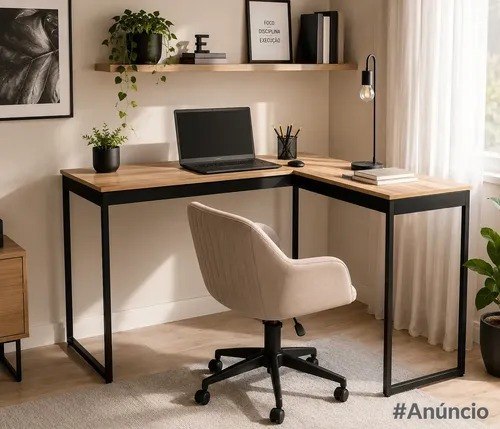 Mesa Escrivaninha em L Industrial Preta