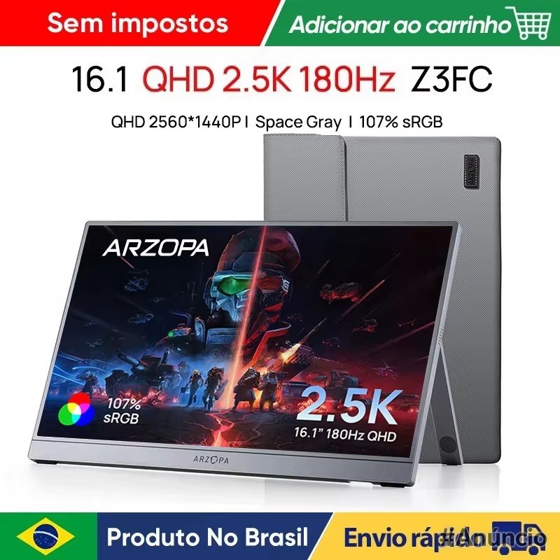 Monitor portátil Arzopa de 16.1 polegadas com tela ligada exibindo imagem de jogo, ao lado de sua capa protetora cinza na cor Space Gray.