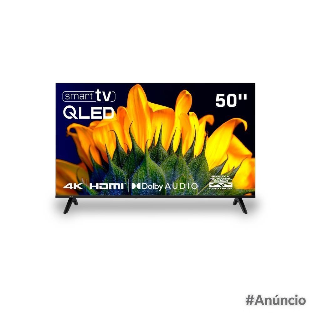 Smart TV HQ QLED 50 Polegadas 4K exibindo imagem de girassóis na tela, com os pés de apoio pretos em superfície plana