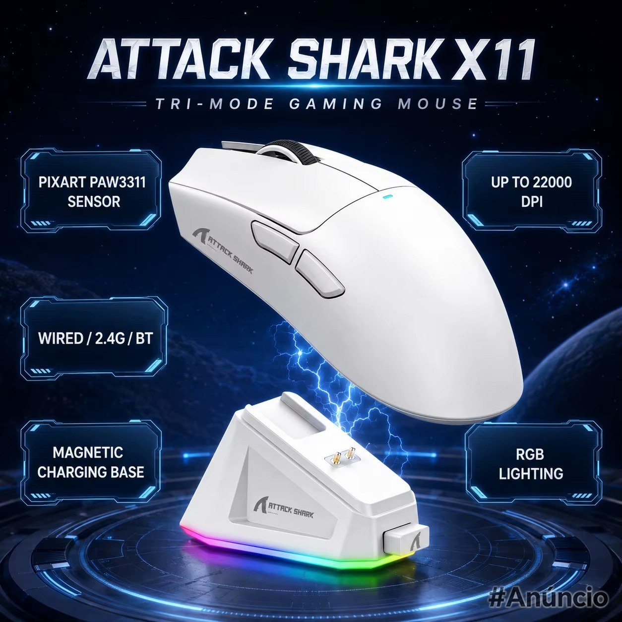 Mouse Gamer Tri-Mode Attack Shark X11 Pixart PAW3311 22000 DPI Branco