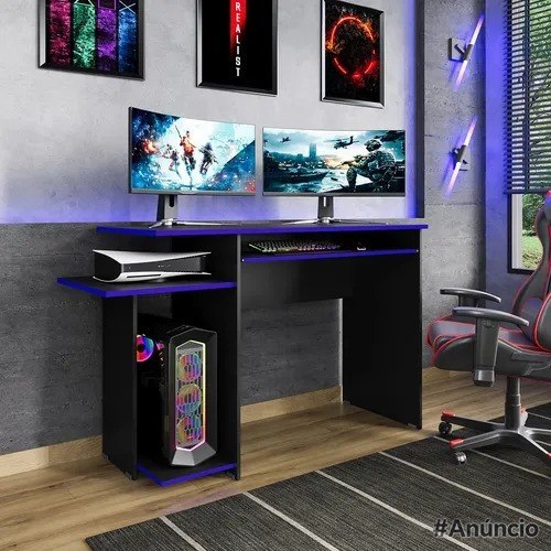 Mesa Escrivaninha PC Gamer Ajp Móveis 120cm Preto e Azul