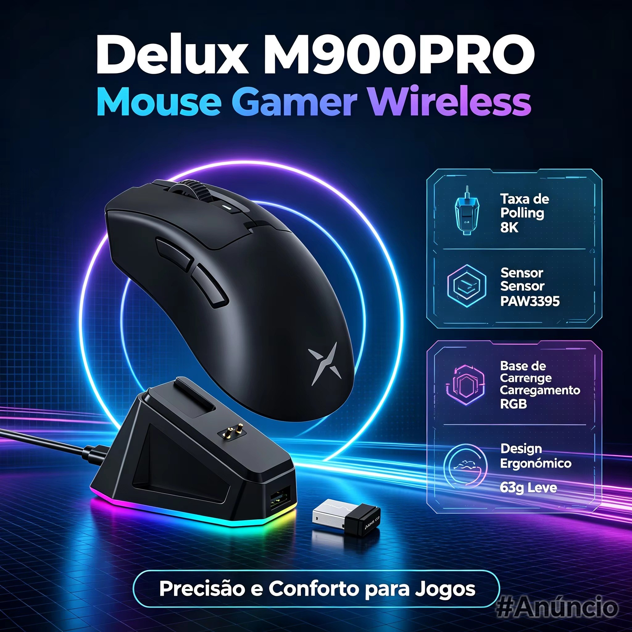 Mouse Delux M900 Pro, PAW3395, 8000hz, Com dock de carregamento (preto ou branco)