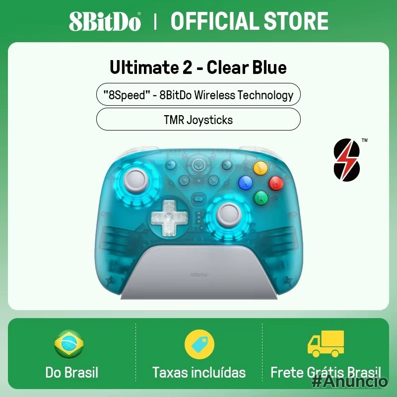 Controle 8BitDo Ultimate 2 Gamepad Clear Blue sem Fio 2.4G para PC e Android, com Joysticks TMR, Gatilhos Comutáveis, Co