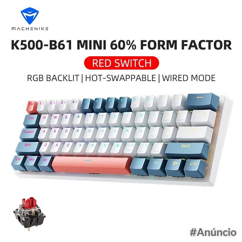 Teclado Mecânico Machenike K500-B61, RGB, PBT, Switch Huano Hot Swap
