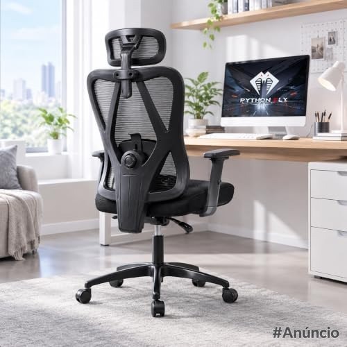 Cadeira de escritório com design ergonômico, apoio de braços 2D ajustável, malha respirável e mecanismo de inclinação, Python Fly – Modelo 2, Preto