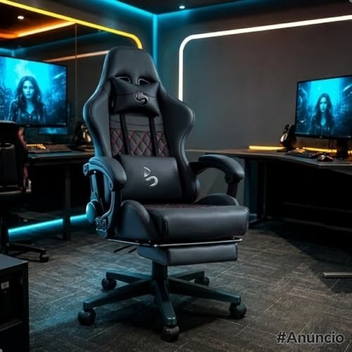 Cadeira Gamer de Escritório Ergonômica com Apoio para Pés, Reclinável, Almofadas Lombar e Pescoço, Base Nylon 50mm, Suporta 150kg (Preto)
