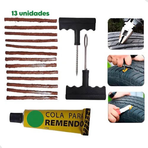 Kit de reparo de pneus com 13 remendos, ferramentas e refil macarrão para consertar furos em pneus de carro e moto