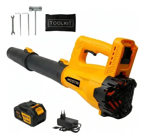 Soprador de folhas elétrico profissional 60000rpm da marca Mestri, modelo M136, com design ergonômico e cor laranja e preta, acompanhado de bateria e carregador bivolt.