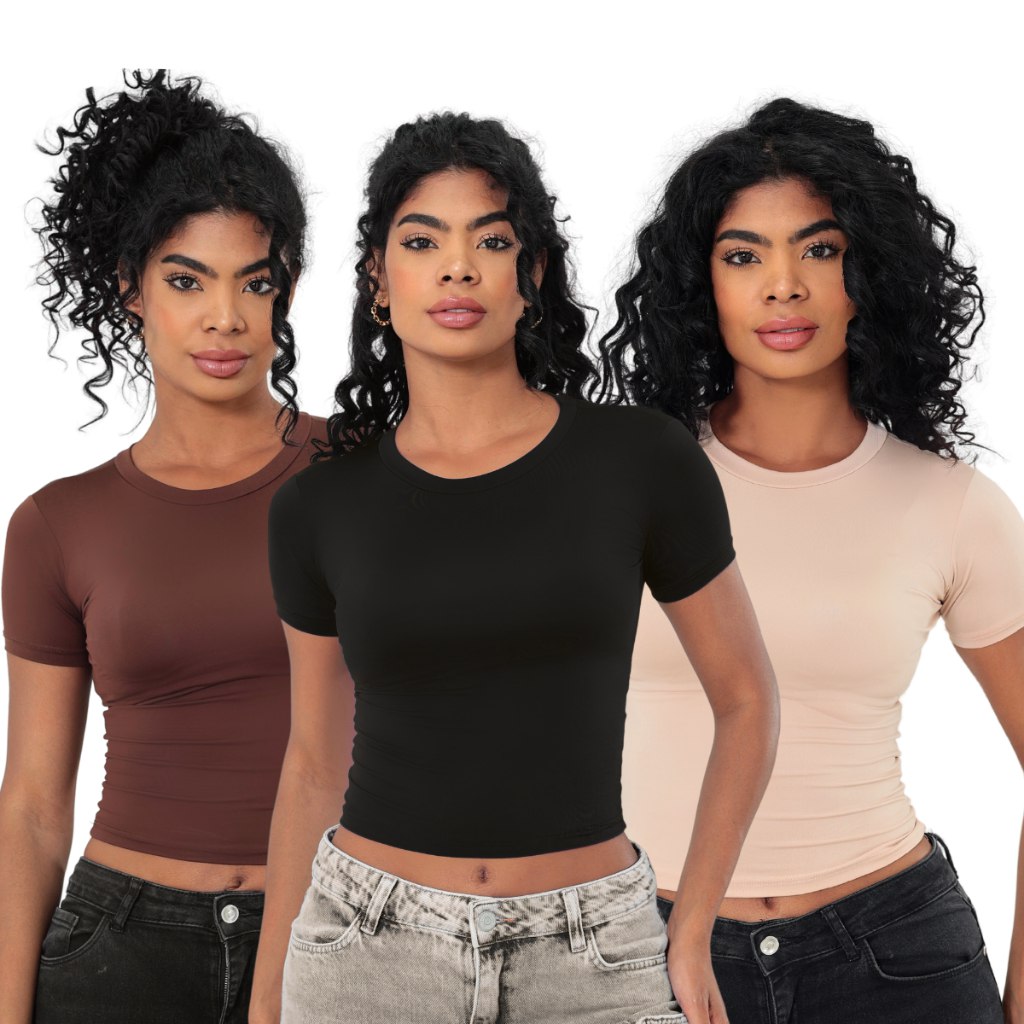 Kit 3 Baby Tees Femininas Slim Fit Manga Curta