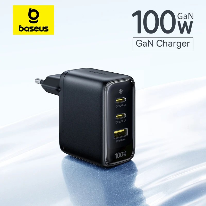 Carregador rápido Baseus 100W GaN com duas portas USB-C, design compacto e preto, compatível com iPhone 17/16/15/14 e laptops MacBook Air