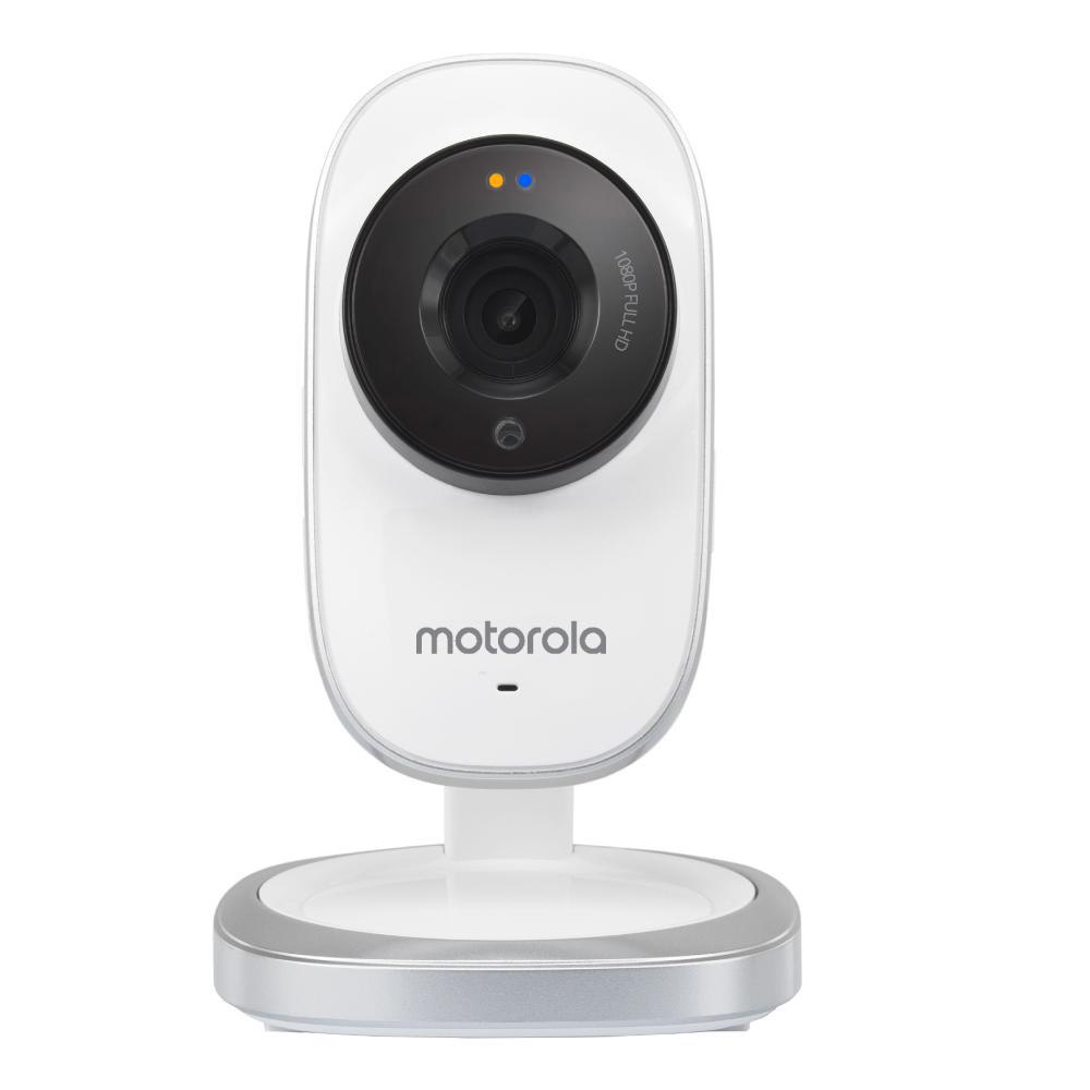 Câmera de segurança Wi-Fi Motorola MDY2000 na cor branca e cinza, com lente central e luzes de status