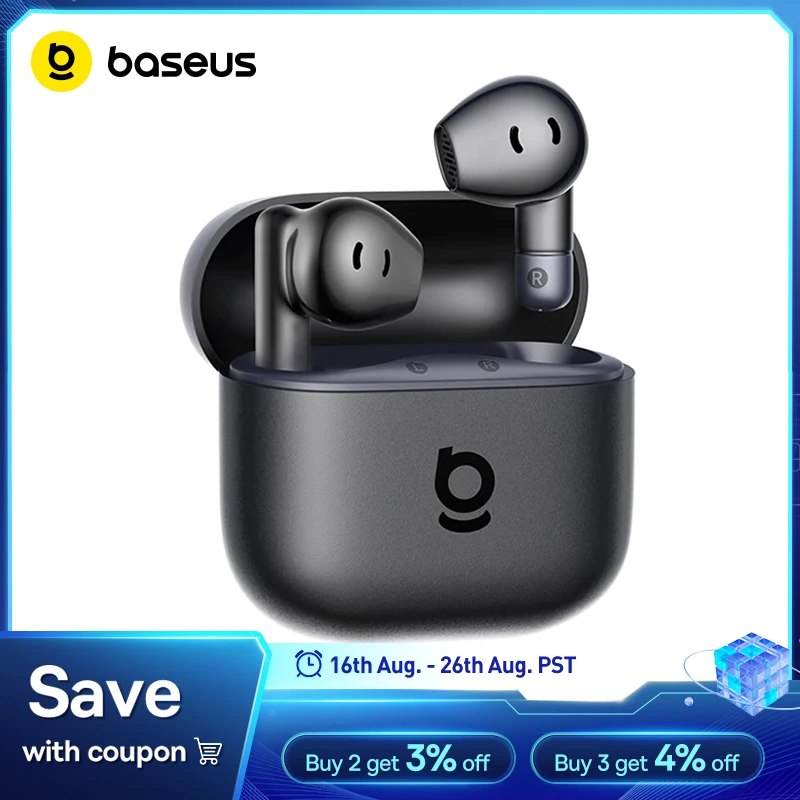 Fone de ouvido sem fio Baseus Bass BS2 Lite na cor preta, com design in-ear e controle de volume no cabo