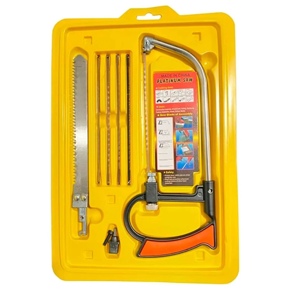Arco de serra mini serrote com lâmina de aço e cabo ergonômico amarelo, ideal para cortes precisos em madeira, plástico e metais não ferrosos