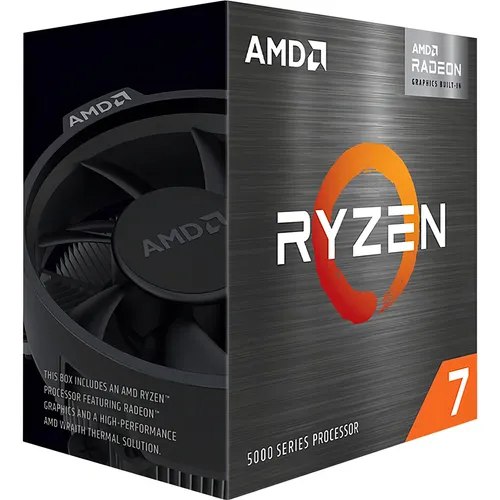 Caixa do processador AMD Ryzen 7 5700G com gráficos Radeon Vega, exibindo design preto e detalhes em laranja