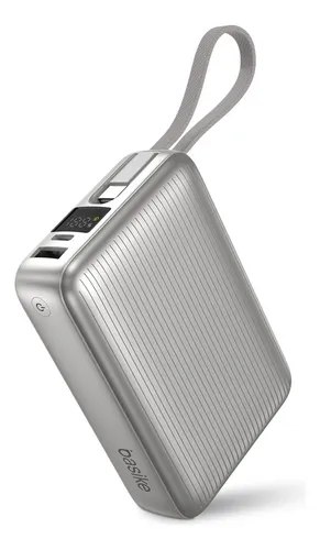 Carregador portátil Basike 20000mAh com cabo USB-C integrado, na cor cinza, com design compacto e saída PD 45W