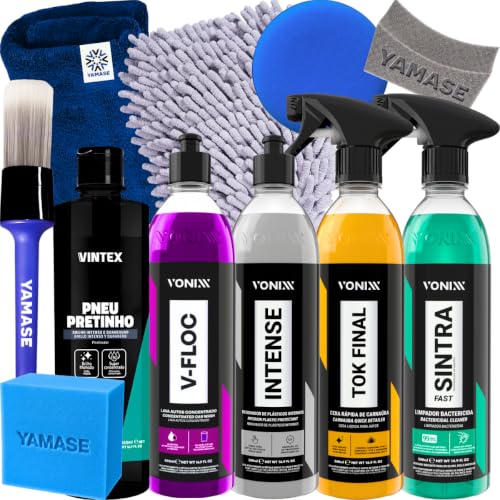 Kit de limpeza automotiva com shampoos VONIXX (V-FLOC, INTENSE, TOK FINAL, SINTRA FAST), PNEU PRETINHO e acessórios como pano microfibra