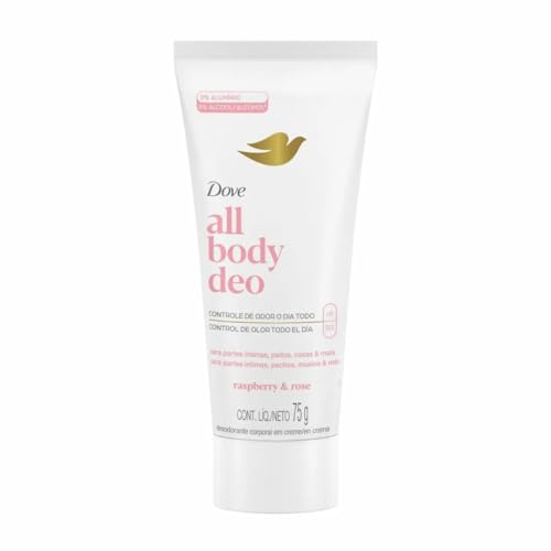 Desodorante corporal Dove All Body em creme, fragrância framboesa e rosa, embalagem branca com tampa rosa de 75 gramas