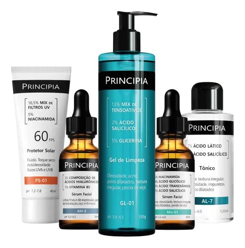 Kit Antiacne Principia com protetor solar FPS 60, gel de limpeza, tônico, sérum facial e água micelar em embalagens cilíndricas coloridas sobre fundo branco