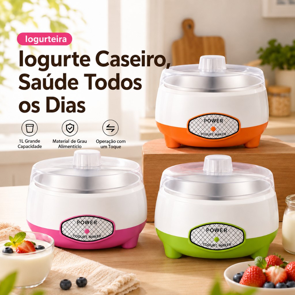 Máquina de iogurte caseiro compacta automática da marca Power, com capacidade de 1 litro, em cores branca, rosa, verde e laranja, sobre uma mesa de madeira com ingredientes naturais ao redor.