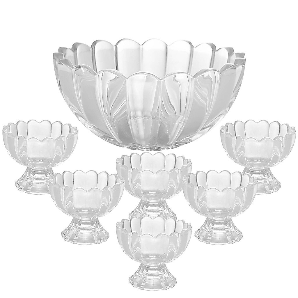 Kit com 7 bowls de vidro transparente da marca Wolff, em diferentes tamanhos, empilhados para sobremesas e refeições
