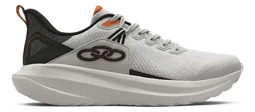 Tênis de caminhada Zex 2 da Olympikus na cor cinza com detalhes em laranja e preto, modelo unissex com solado antiderrapante