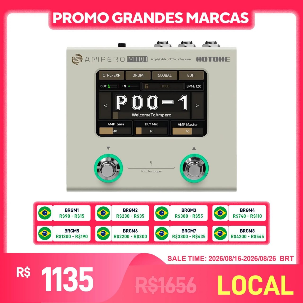 Hotone Ampero Mini MP-50 Modelador de Amplificadores para Guitarra e Baixo com múltiplos efeitos, display digital e controles físicos