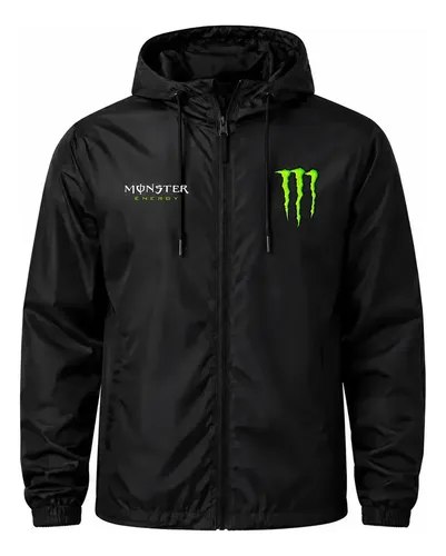 Jaqueta corta vento preta da marca Monster com detalhes refletivos e logotipo amarelo no peito, modelo unissex e esportivo