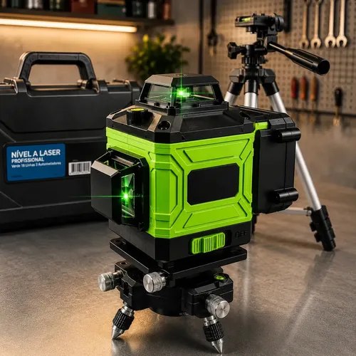 Nível laser profissional JOYECOMM verde com 12 linhas, duas baterias recarregáveis e tripé ajustável sobre superfície de madeira