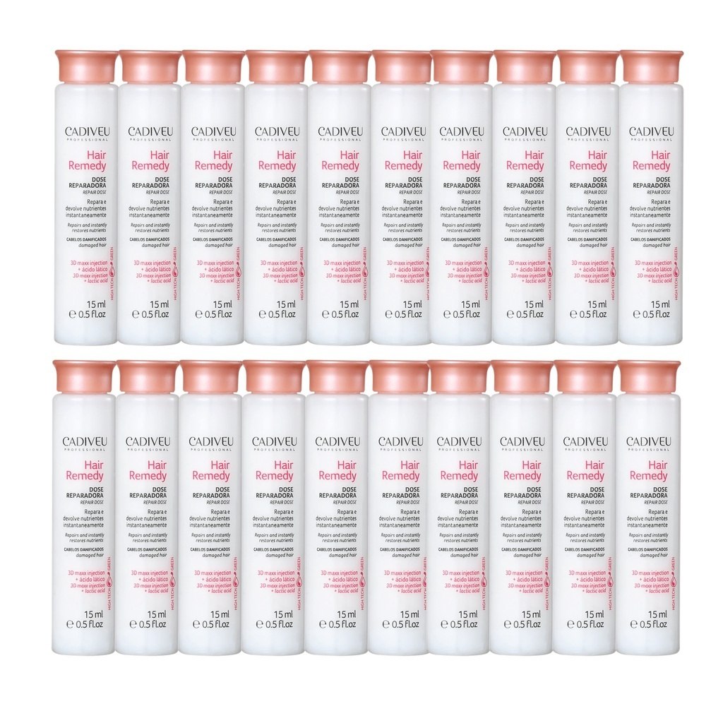 Frascos de Cadiveu Ampola Hair Remedy Dose Reparadora alinhados, cada um com 15ml, indicando 30 ampolas para tratamento capilar intensivo