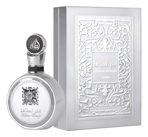 Frasco de perfume Lattafa Fakhar Platin 100ml Eau De Parfum com design elegante em tom prateado e detalhes em preto