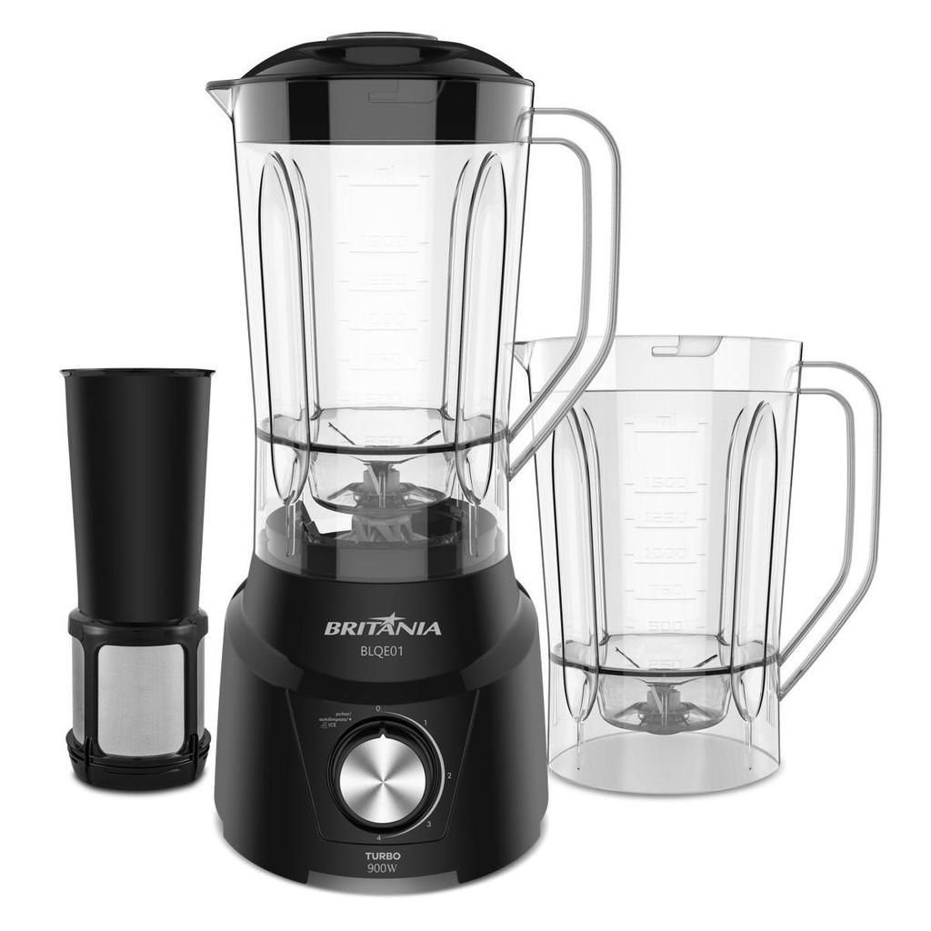 Liquidificador Britânia BLQE01 na cor preta com dois copos transparentes de 2,6L e potência de 900W