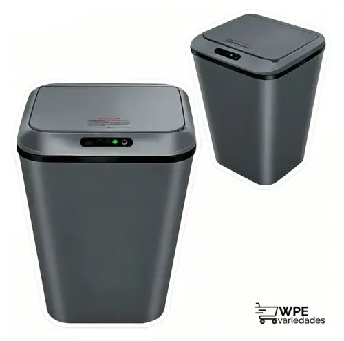 Lixeira inteligente sem contato com sensor infravermelho, cor cinza escuro, capacidade de 16 litros, com tampa superior e base cilíndrica