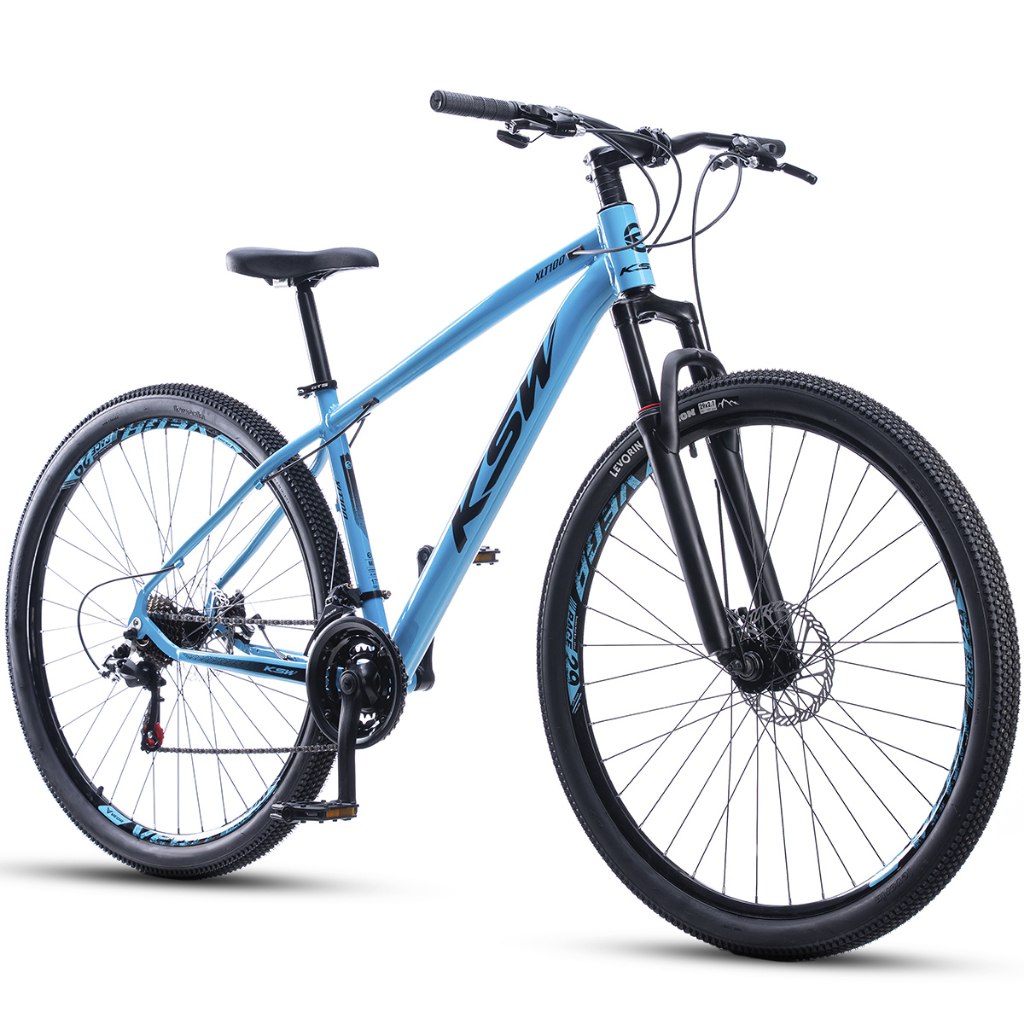 Bicicleta Aro 29 KSW XLT100 21V em alumínio, cor azul, com aro 29 e design moderno para trilhas e uso urbano