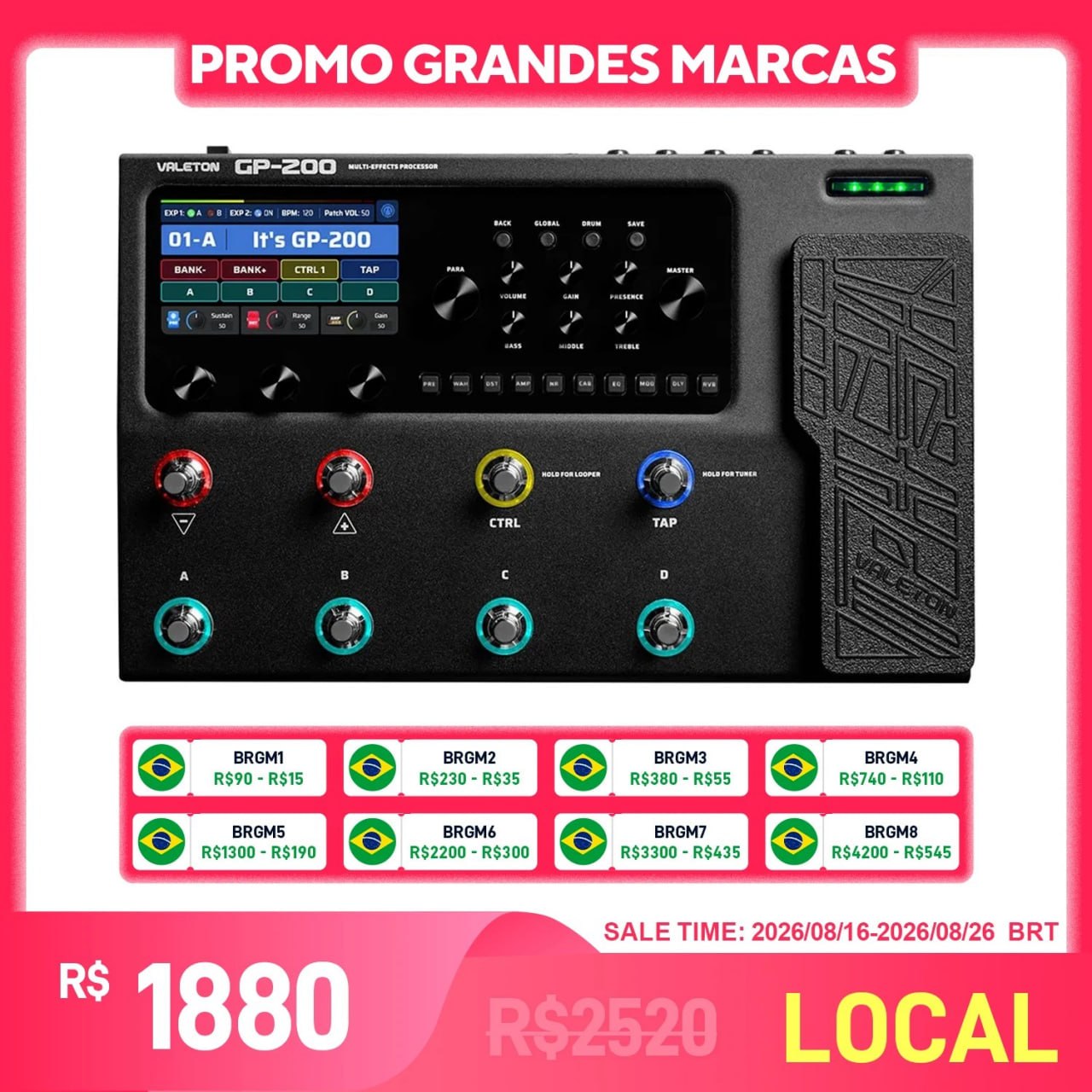 Pedaleira VALETON GP-200 para guitarra e baixo com tela LCD, controles de efeitos e conectores na parte superior