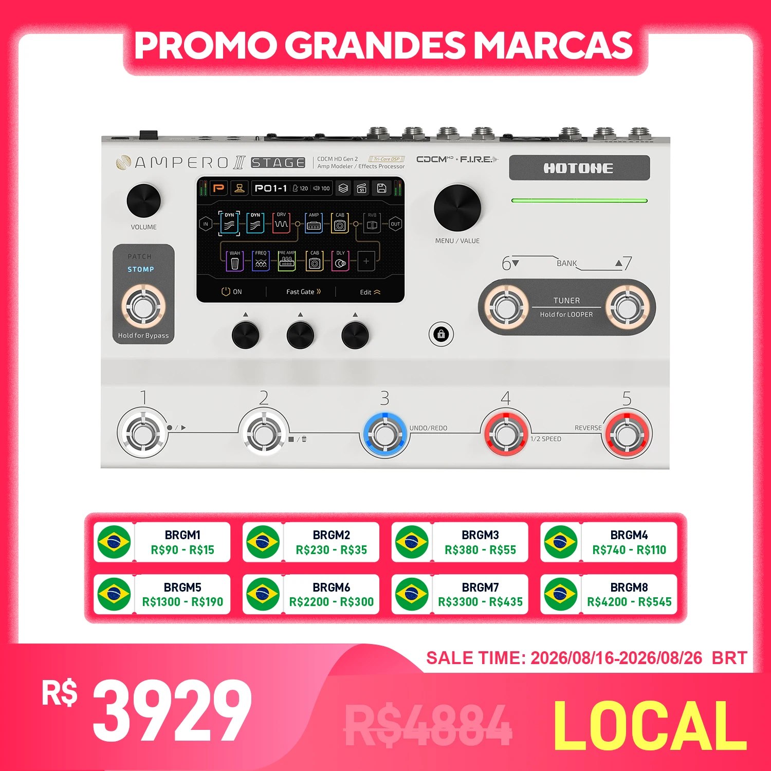 Pedal multiefeitos HOTONE Ampero II Stage com tela sensível ao toque, botões de controle e conectores para guitarra e baixo