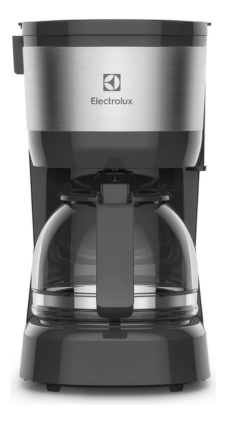 Cafeteira elétrica Electrolux ECM10 com jarra de vidro transparente, acabamento inox, filtro permanente removível e sistema corta pingos, sobre base preta