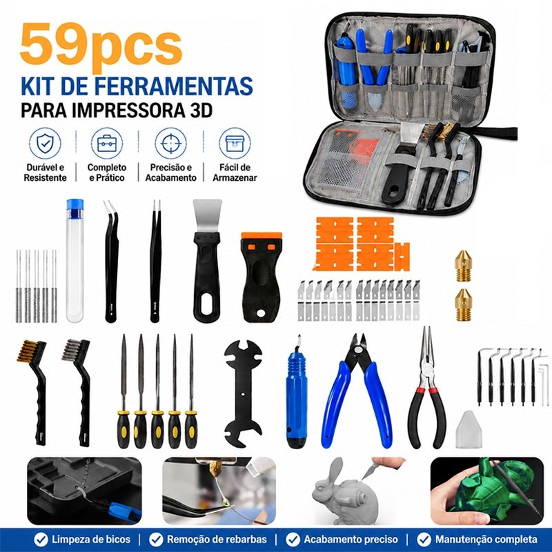 Kit de 59 peças para manutenção e limpeza de impressoras 3D, incluindo alicates, estiletes, pinças, escovas e ferramentas de acabamento organizadas em estojo plástico