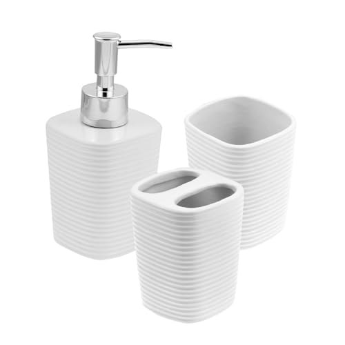 Conjunto de 3 peças para banheiro Wolff Lines na cor branca, composto por copo, saboneteira e escova de dentes