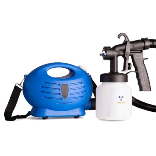 Pistola de pintura elétrica azul com compressor integrado de 800ml, ajustes de fluxo e 3 modos de spray, conectada a uma mangueira preta