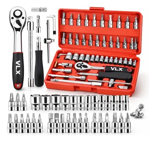 Kit de jogo de soquete catraca 1/4 com 46 peças em aço, armazenado em maleta metálica prateada, incluindo soquetes, catracas e extensões